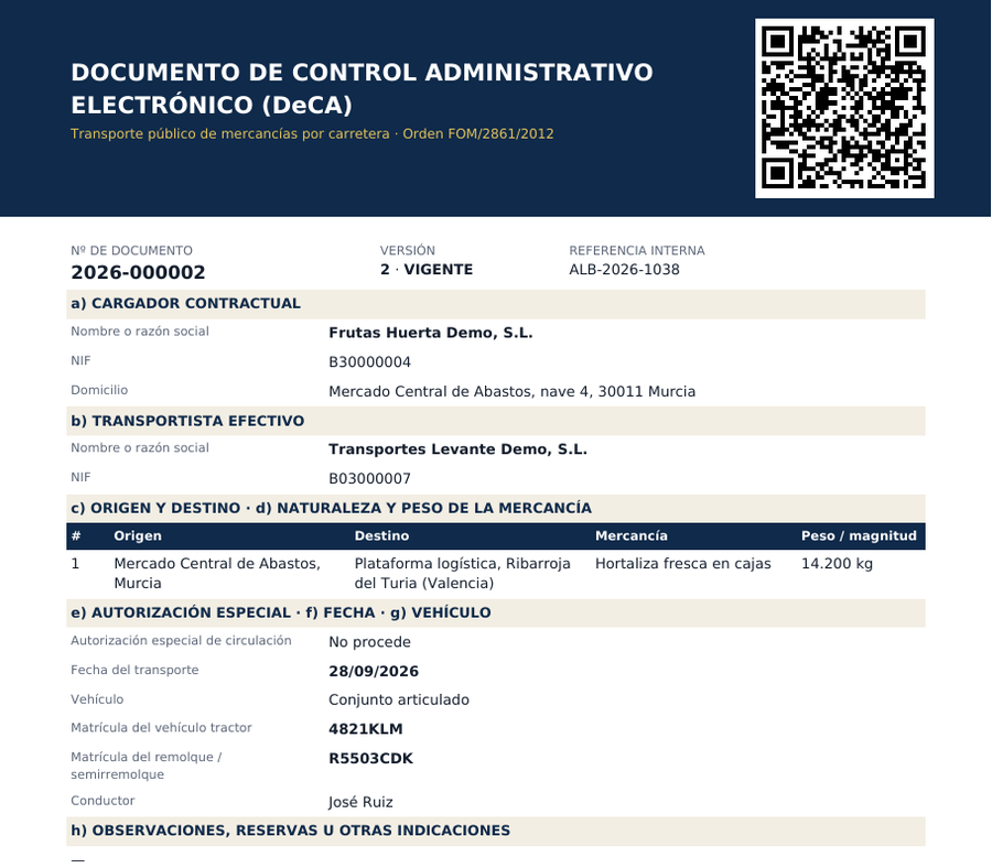 Ejemplo de DeCA en PDF con su código QR
